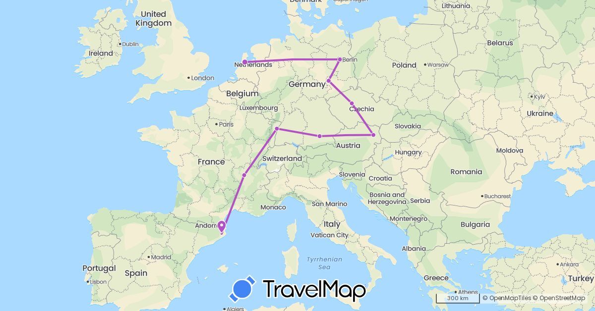 TravelMap itinerary: driving, train in Austria, Czech Republic, Germany, Spain, France, Netherlands (Europe)